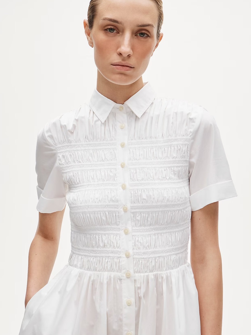 White Smocked Button-Front Short Sleeve Dress j crew cotton elsie